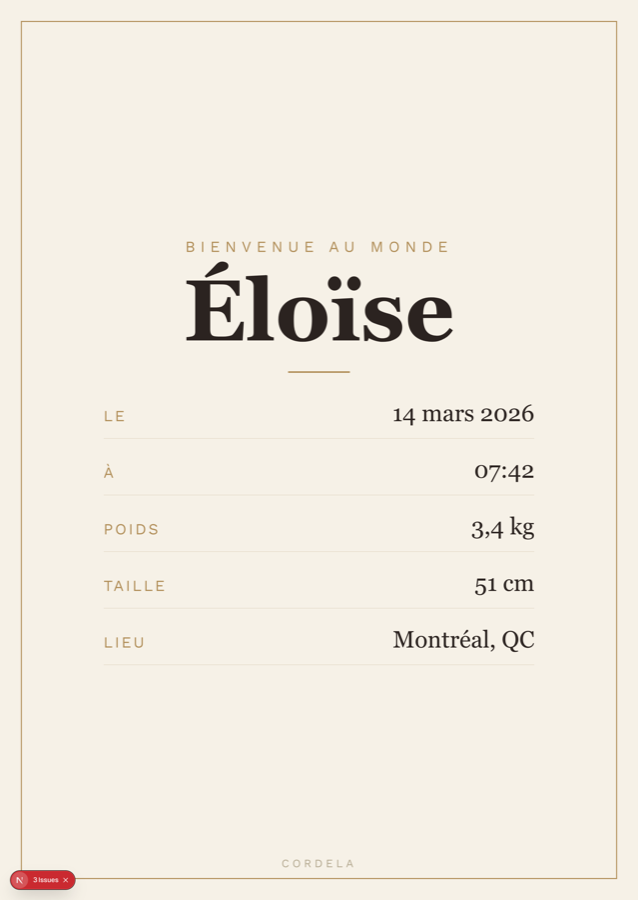Affiche de naissance personnalisée avec les stats du bébé